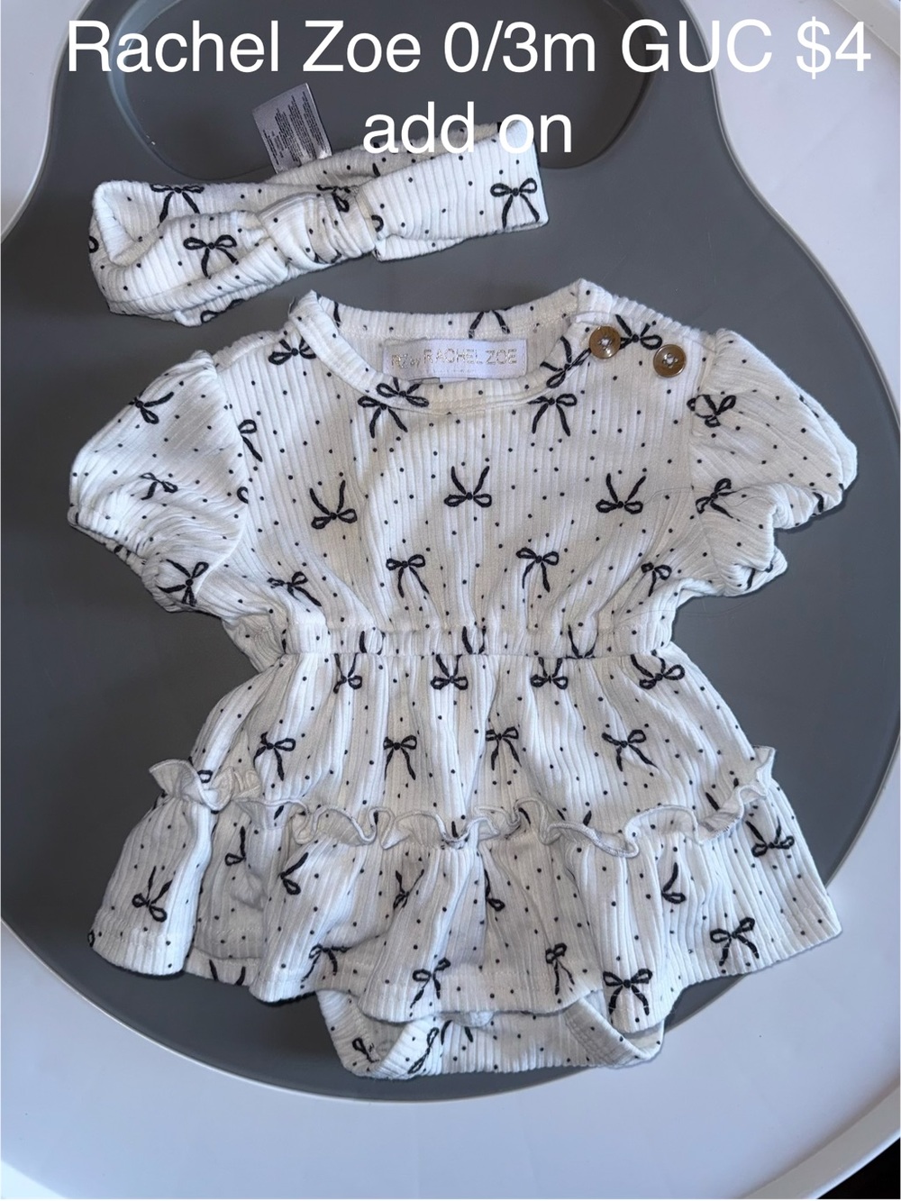 Rachel Zoe White Ribbed Baby Bow Print Skirted Bodysuit & Bow